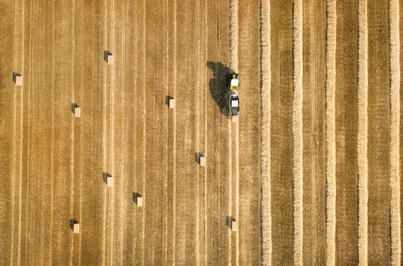 Kornfeld mit Strohballen, Trecker und Ballenpresse