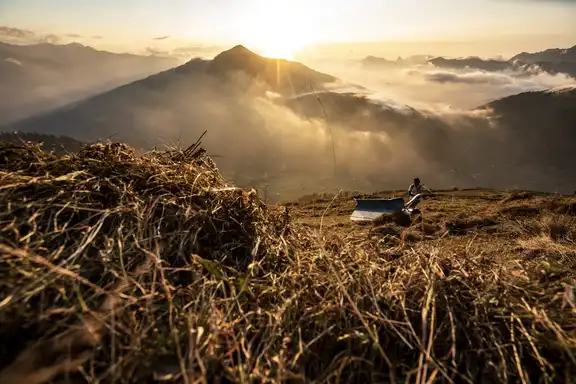 Persosn mit Gras arbeitsgrät auf dem Berg, Berge mit Sonne im Hintergrund, Grasberge im Vordergrund