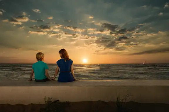 Mutter mit Kind auf einer Mauer am Meer bei Sonnenuntergang