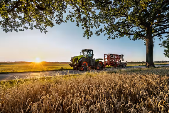 Landmaschine "Raupe" zieht Grubber über eine Straße, Felder auf beiden Seiten, Bäume am Straßenrand